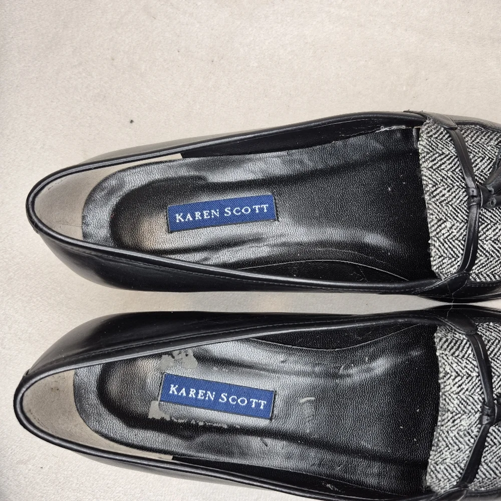 Karen Scott 8.5 Mari Leather Loafer Black & White Tweed Tassel Retro, Texture